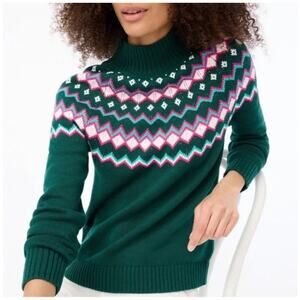 J.Crew Fair Isle Classic 100% Mock Neck Sweater, Women’s Size L NEW Green/White
